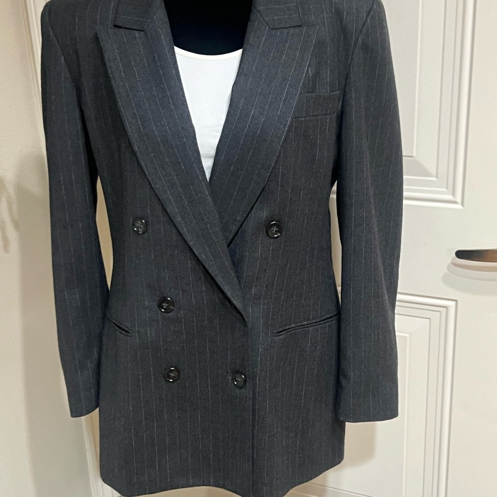 Double breasted pinstriped blazer. The hottest look of the season!